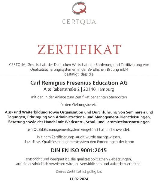 Zertifikat CERTQUA nach DIN EN ISO 9001:2015 verliehen an die Akademie Fresenius