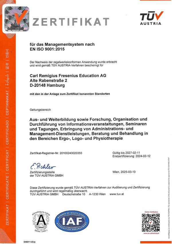 Zertifikat DIN EN ISO 9001:2015 verliehen an die Akademie Fresenius